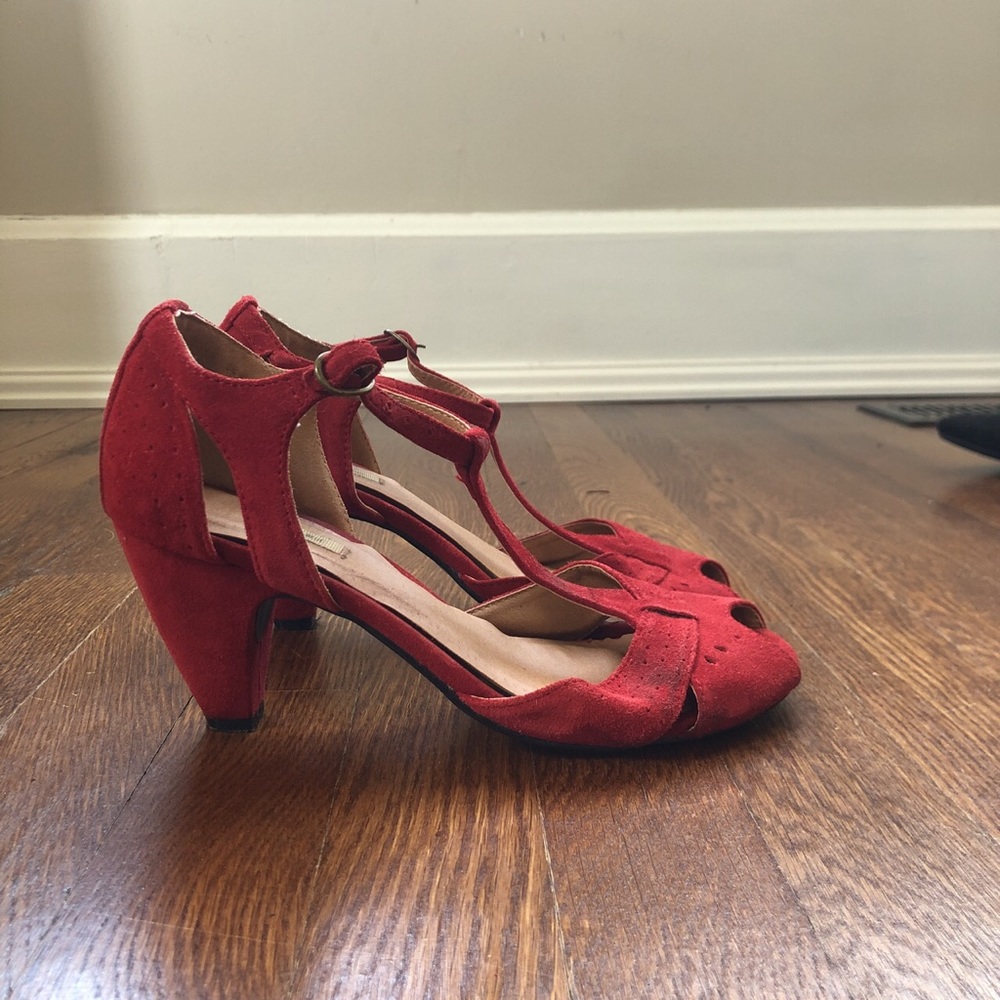 Anthropologie red suede t strap pumps.